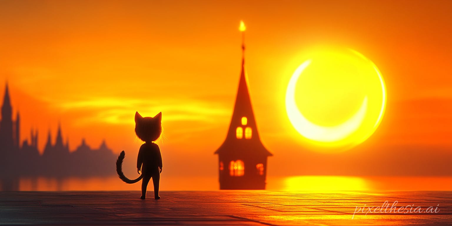 A whimsical silhouette of a cat stands gazing at a vividly colored sunset, where the sun glows in vibrant hues, creating a dreamlike atmosphere reminiscent of modern digital art.