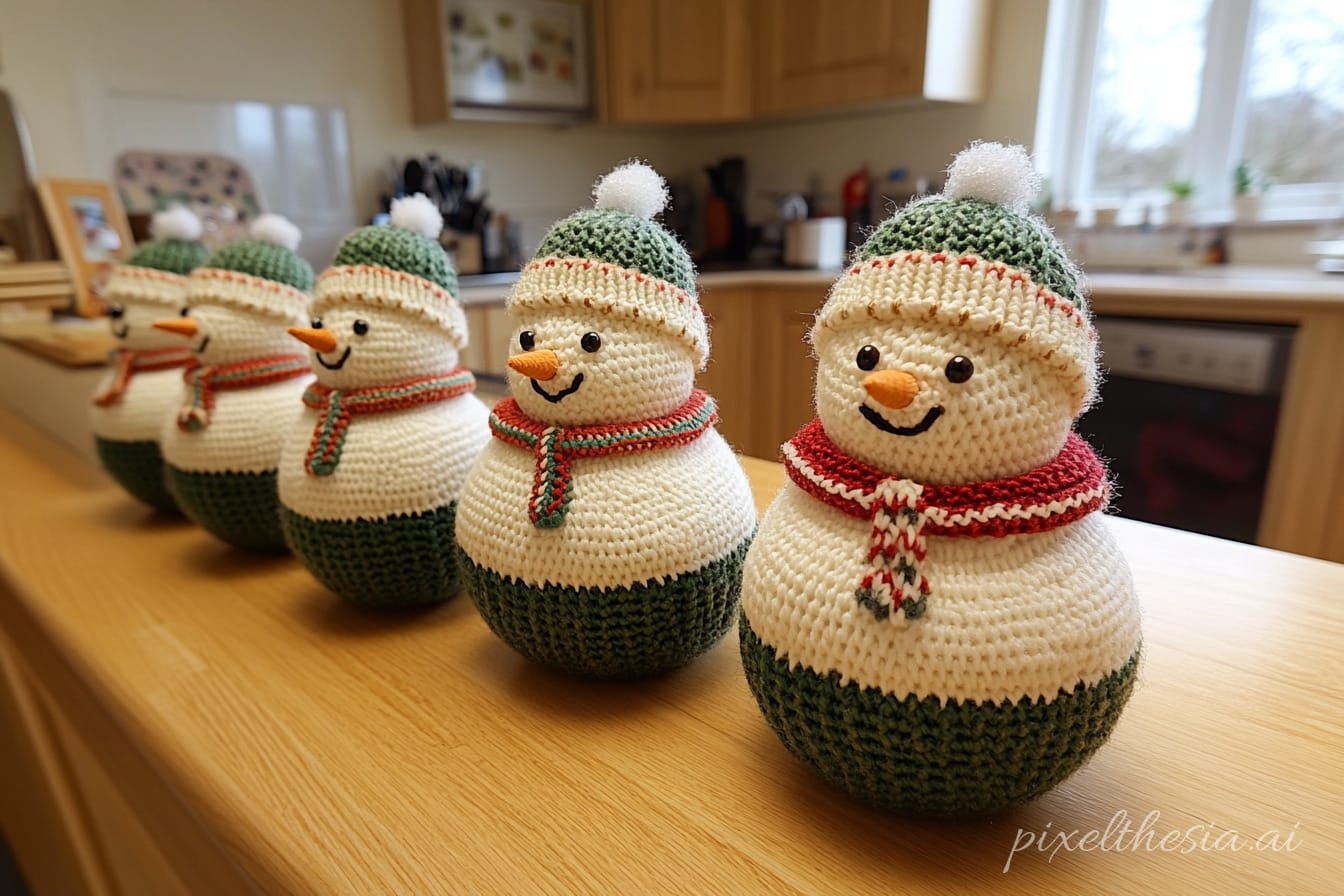 A charming row of handcrafted snowman figures, intricately crocheted with festive green and white yarn, capture the spirit of winter with their cheerful expressions and cozy scarves. This art piece reflects the playful aesthetic of contemporary handmade crafts, emphasizing warmth and creativity in seasonal decoration.