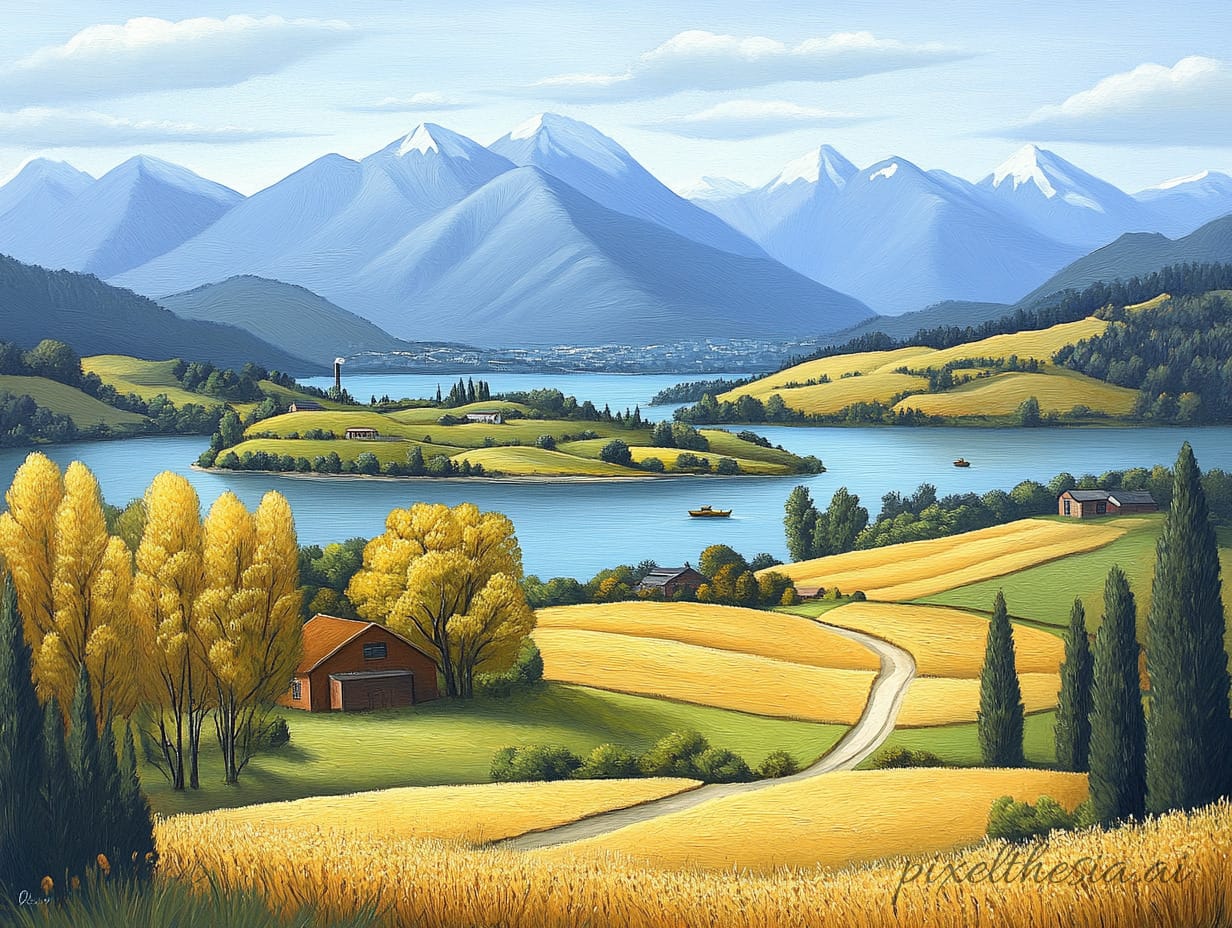 A serene landscape showcases rolling hills dotted with vibrant autumn trees, a tranquil lake reflecting nearby mountains, and quaint farmhouses nestled against a backdrop of golden fields. This piece exemplifies a blend of realism and idealization, highlighting the beauty of rural life through rich colors and meticulous detail.