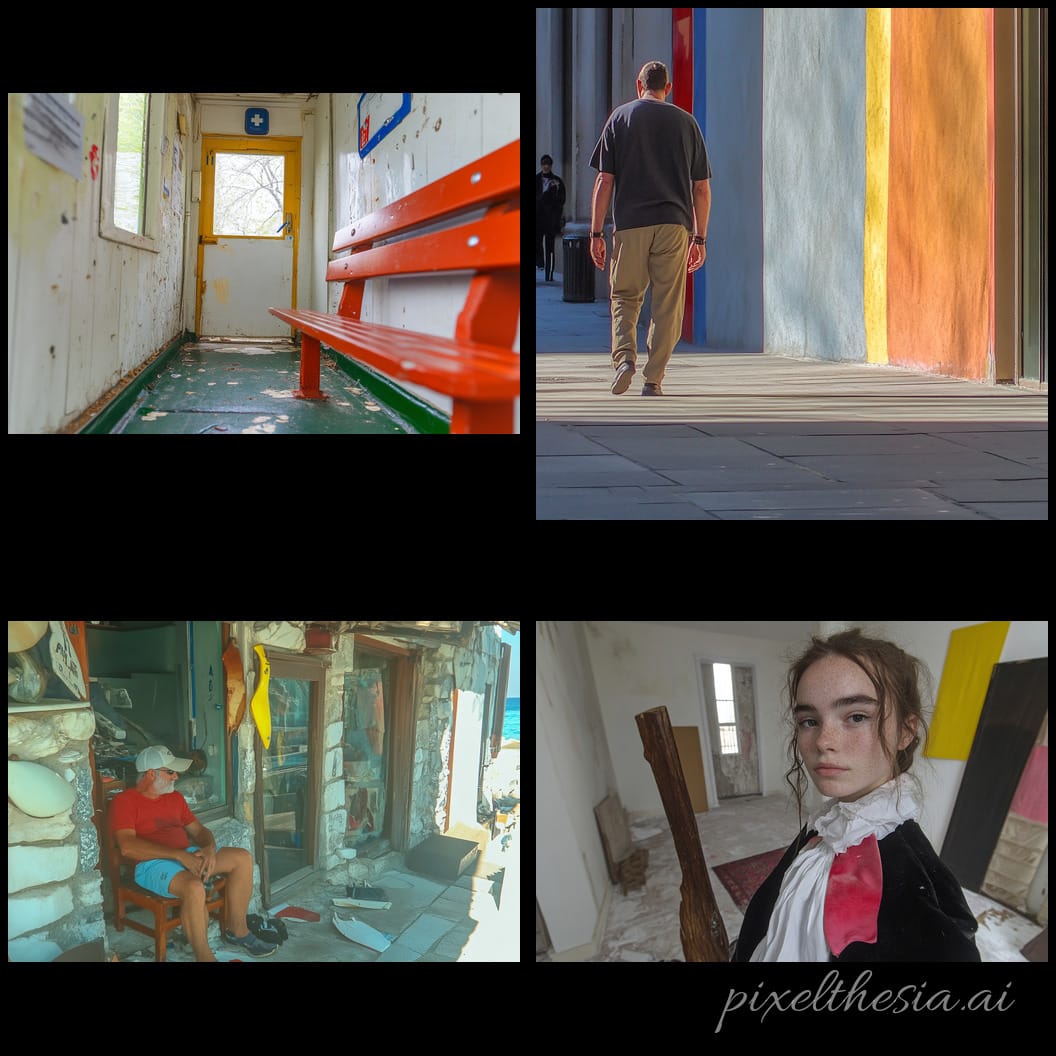 Thumbnails of four photographic images in a 2x2 grid on black. Sort of casual snapshots, not very artful. There's a red bench in a messy hallway, a schlumpy man walking down a sidewalk from the back, a man sitting on the porch outside a rough-looking house, and a woman in an unfinished room, looking at the camera, wearing something like period theater clothes.