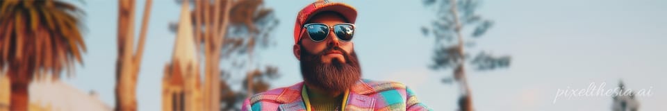 Cool-looking bearded man rocks a pink patchwork hat and jacket with stylish sunglasses. Blurred trees and steeple behind him.